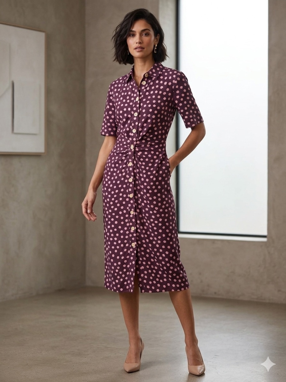 NWOT Kate Spade Mission Fig Cloud Dot Button Front Ruched MIDI Dress Cottagecore